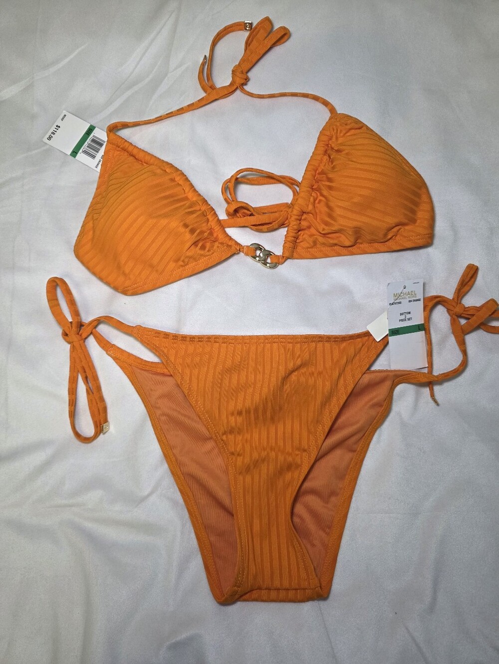 Michael Kors Vibrant Orange Ribbed 2-Piece String Bikini Swimsuit Set- Sz L NWT